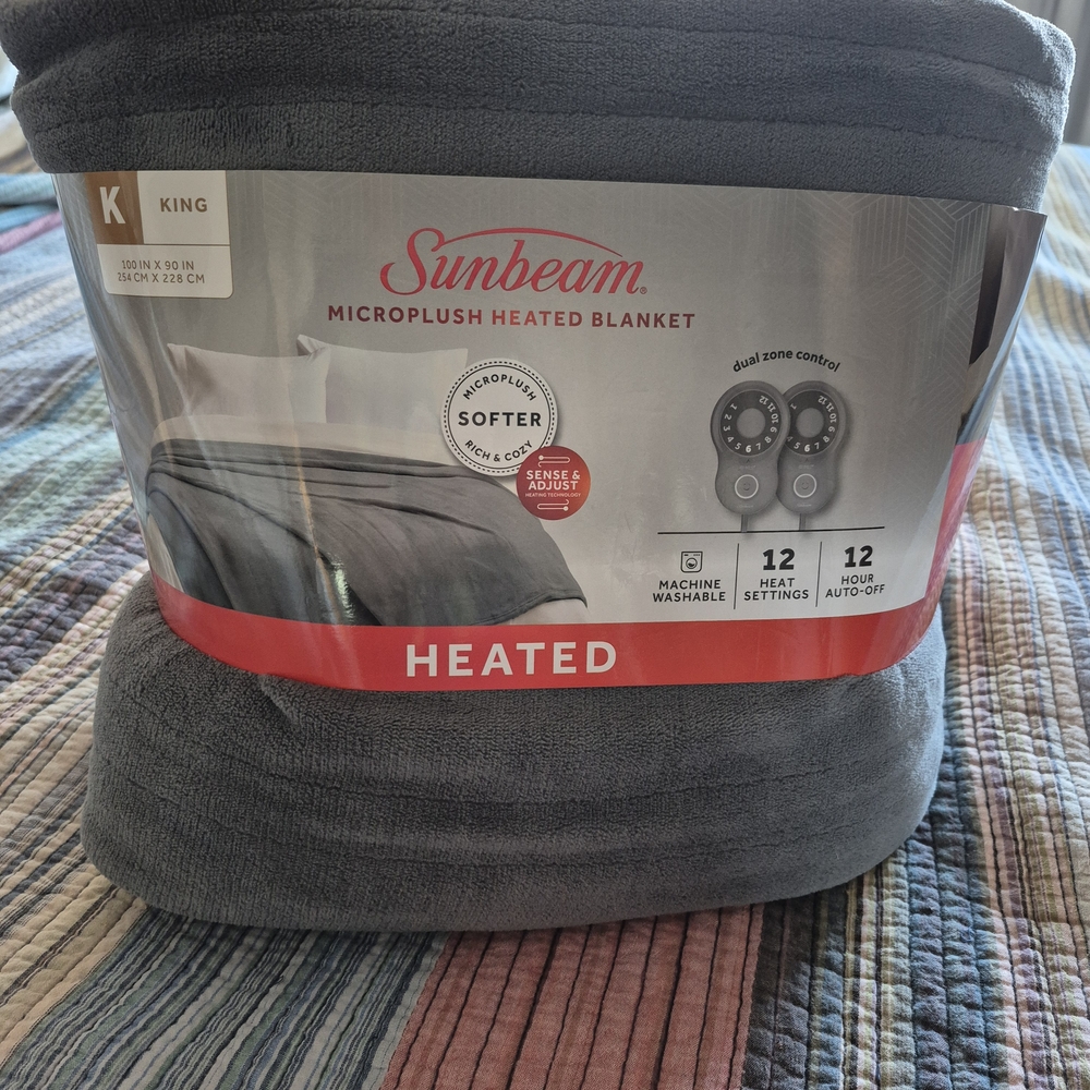 Sunbeam King Gray Microplush Heated Blanket